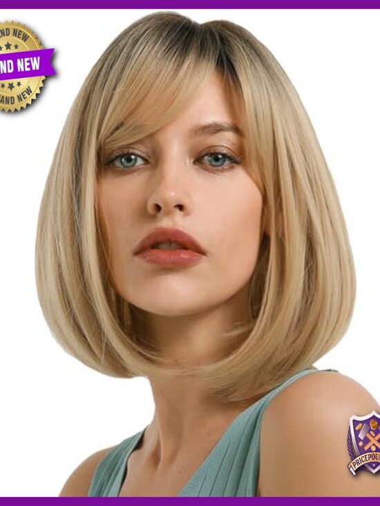 Short Bob Wig with Bangs, Shoulder Length Straight Human Hair, Heat Resistant main image 5